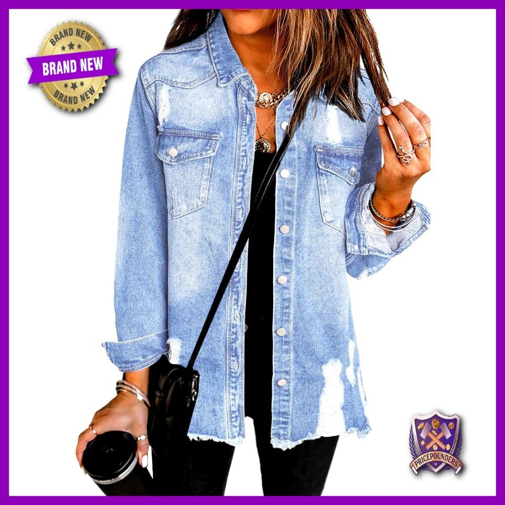 Oversized Denim Jacket Long Sleeve Distressed Loose Fit Button Closure